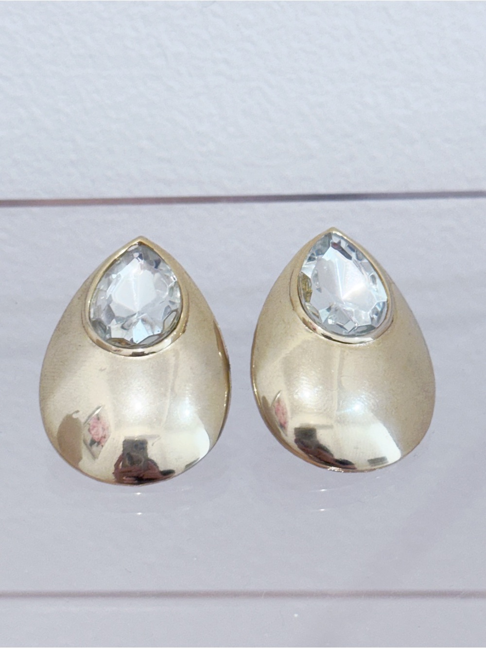 Vintage statement teardrop earrings gold tone large faceted crystal